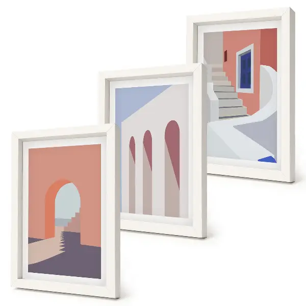 Set ingelijste schilderijen met illustraties van stedelijke architectuur in een minimalistische stijl