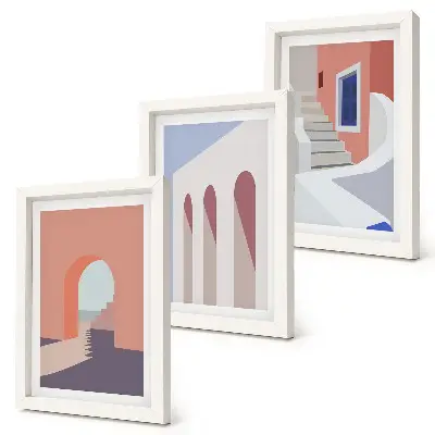 Set ingelijste schilderijen met illustraties van stedelijke architectuur in een minimalistische stijl