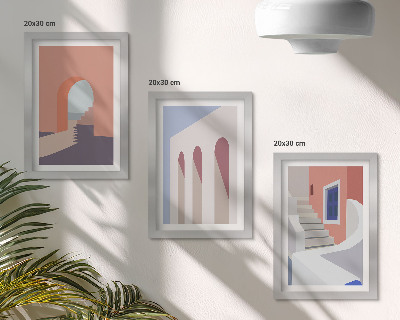 Set van ingelijste schilderijen Illustraties van stedelijke architectuur in een minimalistische stijl.