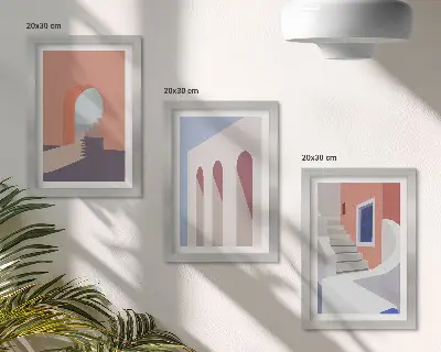 Set ingelijste schilderijen met illustraties van stedelijke architectuur in een minimalistische stijl