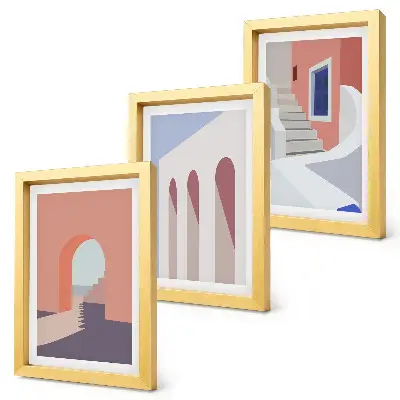 Set ingelijste schilderijen met illustraties van stedelijke architectuur in een minimalistische stijl