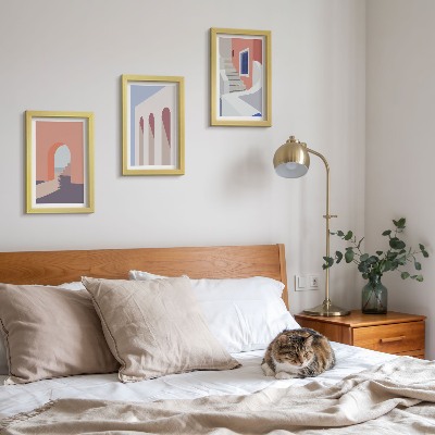 Set van ingelijste schilderijen Illustraties van stedelijke architectuur in een minimalistische stijl.