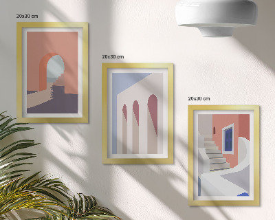 Set van ingelijste schilderijen Illustraties van stedelijke architectuur in een minimalistische stijl.