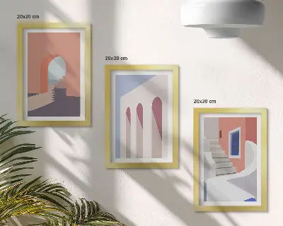 Set ingelijste schilderijen met illustraties van stedelijke architectuur in een minimalistische stijl