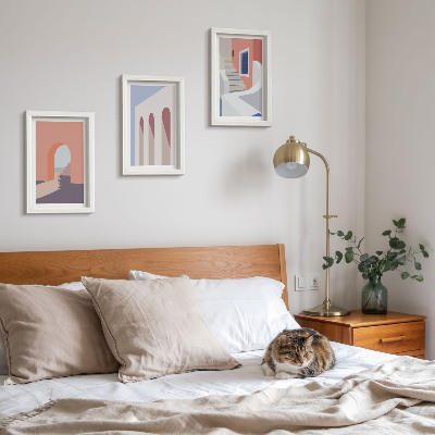 Set van ingelijste schilderijen Illustraties van stedelijke architectuur in een minimalistische stijl.