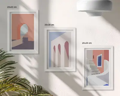 Set ingelijste schilderijen met illustraties van stedelijke architectuur in een minimalistische stijl