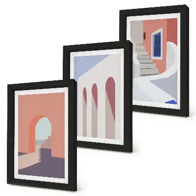 Set ingelijste schilderijen met illustraties van stedelijke architectuur in een minimalistische stijl