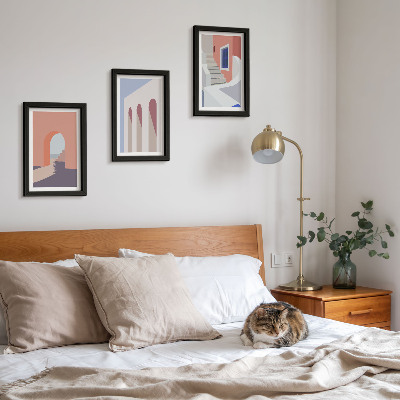 Set van ingelijste schilderijen Illustraties van stedelijke architectuur in een minimalistische stijl.