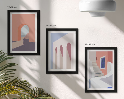 Set van ingelijste schilderijen Illustraties van stedelijke architectuur in een minimalistische stijl.