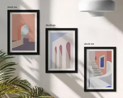 Set ingelijste schilderijen met illustraties van stedelijke architectuur in een minimalistische stijl