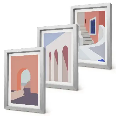 Set ingelijste schilderijen met illustraties van stedelijke architectuur in een minimalistische stijl