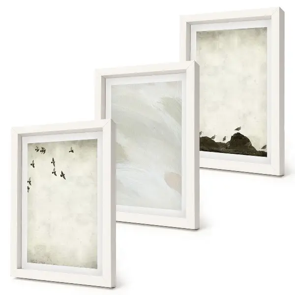 Set van ingelijste schilderijen met vogels, rotsen en penseelstreken als minimalistische decoratie