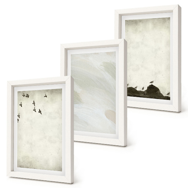 Set van ingelijste schilderijen Vogels, rotsen en penseelstreken als minimalistische decoratie.