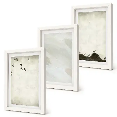 Set van ingelijste schilderijen met vogels, rotsen en penseelstreken als minimalistische decoratie