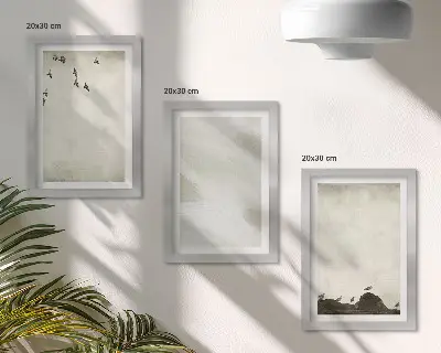 Set van ingelijste schilderijen met vogels, rotsen en penseelstreken als minimalistische decoratie