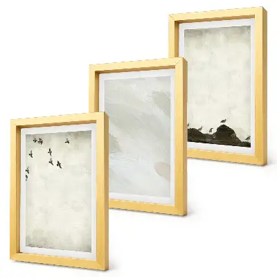 Set van ingelijste schilderijen met vogels, rotsen en penseelstreken als minimalistische decoratie