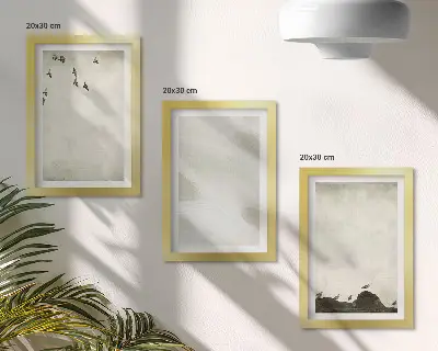 Set van ingelijste schilderijen met vogels, rotsen en penseelstreken als minimalistische decoratie