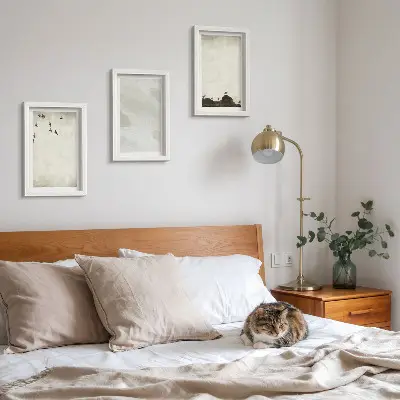Set van ingelijste schilderijen met vogels, rotsen en penseelstreken als minimalistische decoratie
