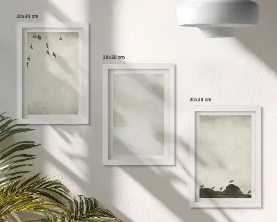 Set van ingelijste schilderijen met vogels, rotsen en penseelstreken als minimalistische decoratie