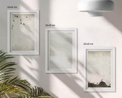 Set van ingelijste schilderijen Vogels, rotsen en penseelstreken als minimalistische decoratie.
