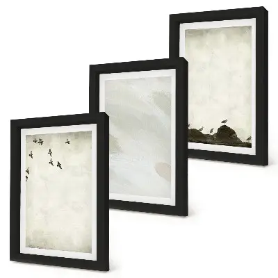 Set van ingelijste schilderijen met vogels, rotsen en penseelstreken als minimalistische decoratie