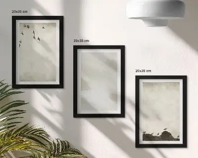 Set van ingelijste schilderijen met vogels, rotsen en penseelstreken als minimalistische decoratie