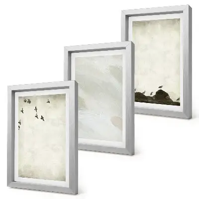 Set van ingelijste schilderijen met vogels, rotsen en penseelstreken als minimalistische decoratie