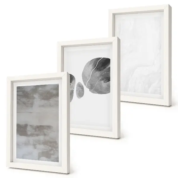 Set van ingelijste schilderijen met abstracte vormen en structuren in moderne stijl