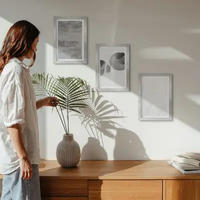 Set van ingelijste schilderijen met abstracte vormen en structuren in moderne stijl