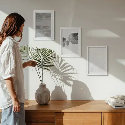 Set van ingelijste schilderijen met abstracte vormen en structuren in moderne stijl