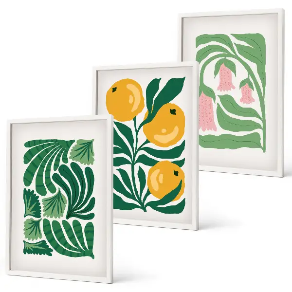 Set van schilderijen als wanddecoratie met minimalistische plantenpatronen