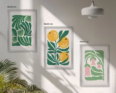 Set van schilderijen als wanddecoratie met minimalistische plantenpatronen