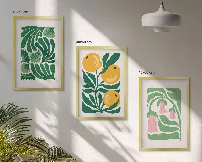Set van schilderijen als wanddecoratie met minimalistische plantenpatronen