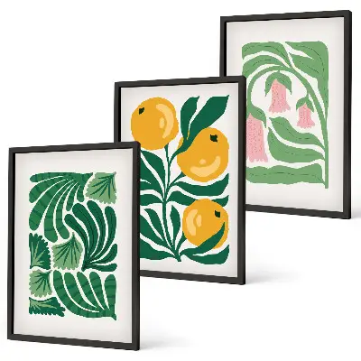 Set van schilderijen als wanddecoratie met minimalistische plantenpatronen