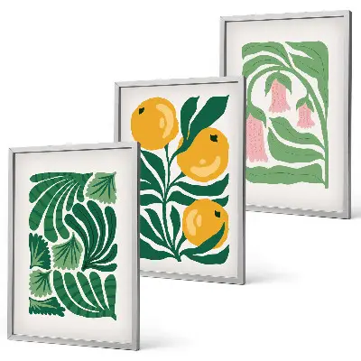 Set van schilderijen als wanddecoratie met minimalistische plantenpatronen