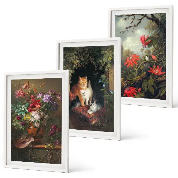 Set wanddecoratie met schilderijen vintage bloemen met katten en natuur
