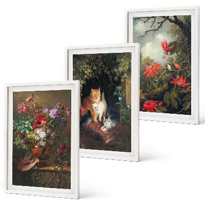 Wanddecoratie set schilderijen Vintage bloemen katten natuur