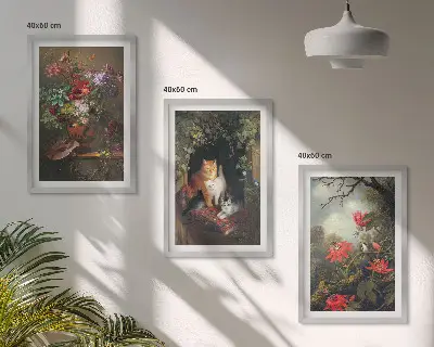 Set wanddecoratie met schilderijen vintage bloemen met katten en natuur