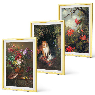 Wanddecoratie set schilderijen Vintage bloemen katten natuur