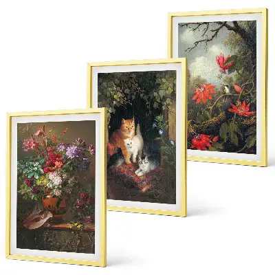 Set wanddecoratie met schilderijen vintage bloemen met katten en natuur