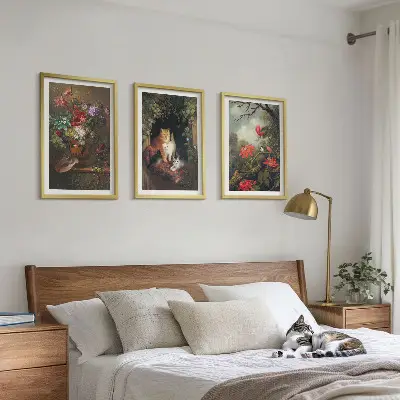 Set wanddecoratie met schilderijen vintage bloemen met katten en natuur