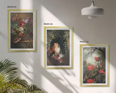 Set wanddecoratie met schilderijen vintage bloemen met katten en natuur