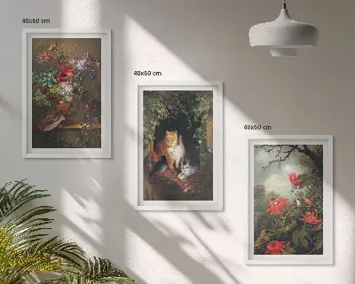 Set wanddecoratie met schilderijen vintage bloemen met katten en natuur