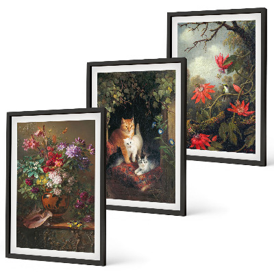 Wanddecoratie set schilderijen Vintage bloemen katten natuur