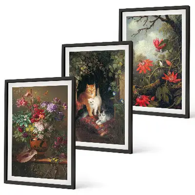 Set wanddecoratie met schilderijen vintage bloemen met katten en natuur