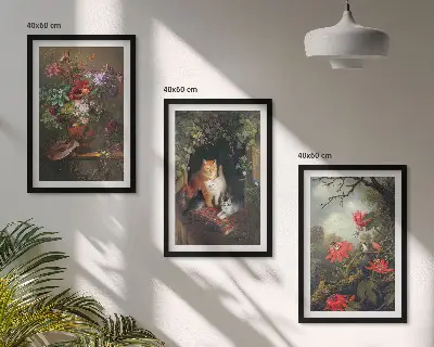 Set wanddecoratie met schilderijen vintage bloemen met katten en natuur