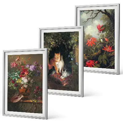 Set wanddecoratie met schilderijen vintage bloemen met katten en natuur
