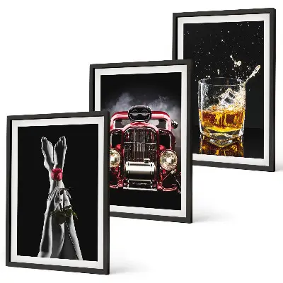 Wanddecoratie set schilderijen vrouwenbenen met auto en whisky