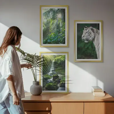 Wanddecoratie set schilderijen met jungle tijger en waterval