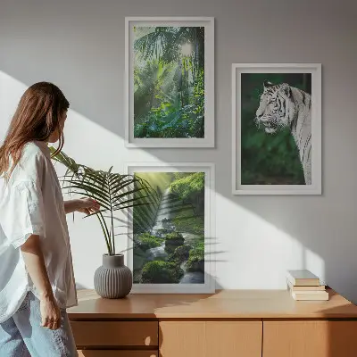 Wanddecoratie set schilderijen met jungle tijger en waterval